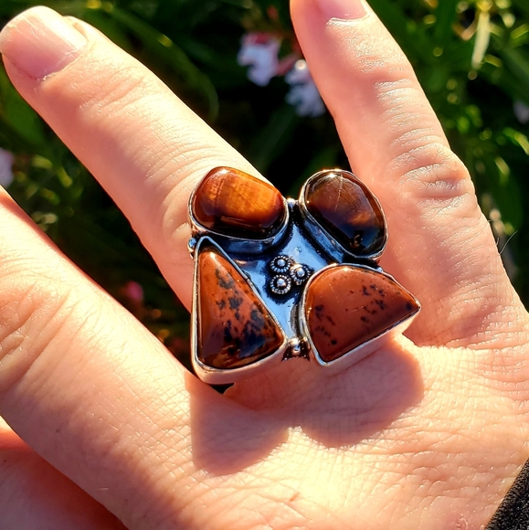New Tiger Eye & Mahogany Obsidian 925 Silver Ring. - Picture 4 of 15
